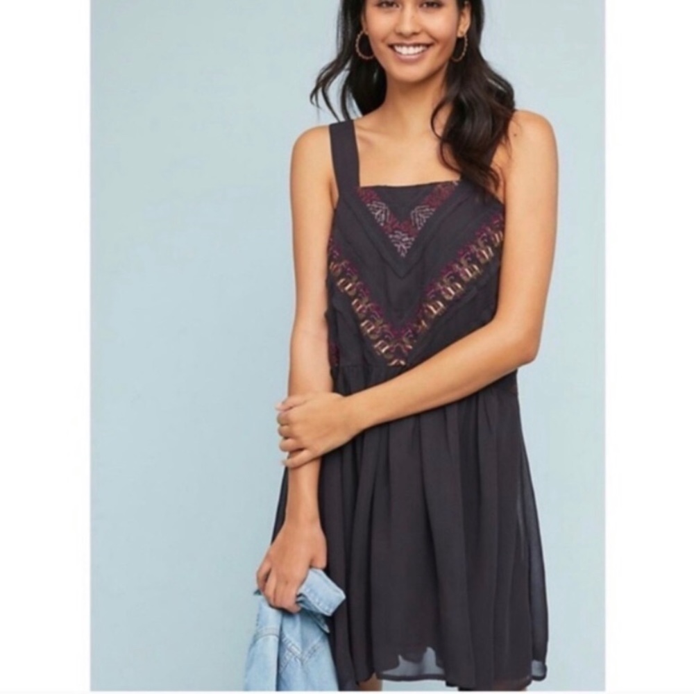Anthropologie Charcoal Dress with Embroidery